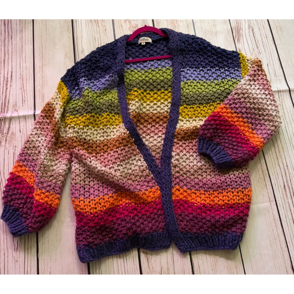 Listicle Rainbow Stripe Chunky Knit Cardigan Sweater Large Womens Oversized